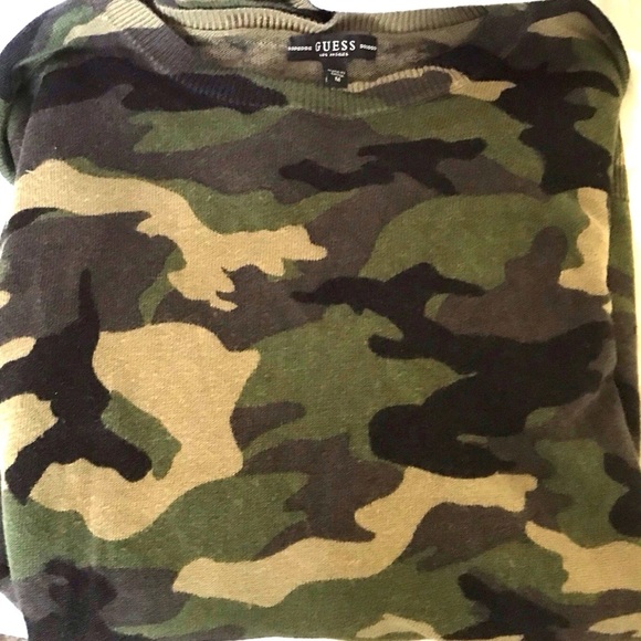 GUESS Linen Blend Green Camouflage Print Sweater Men's Pullover Size M - Picture 8 of 14